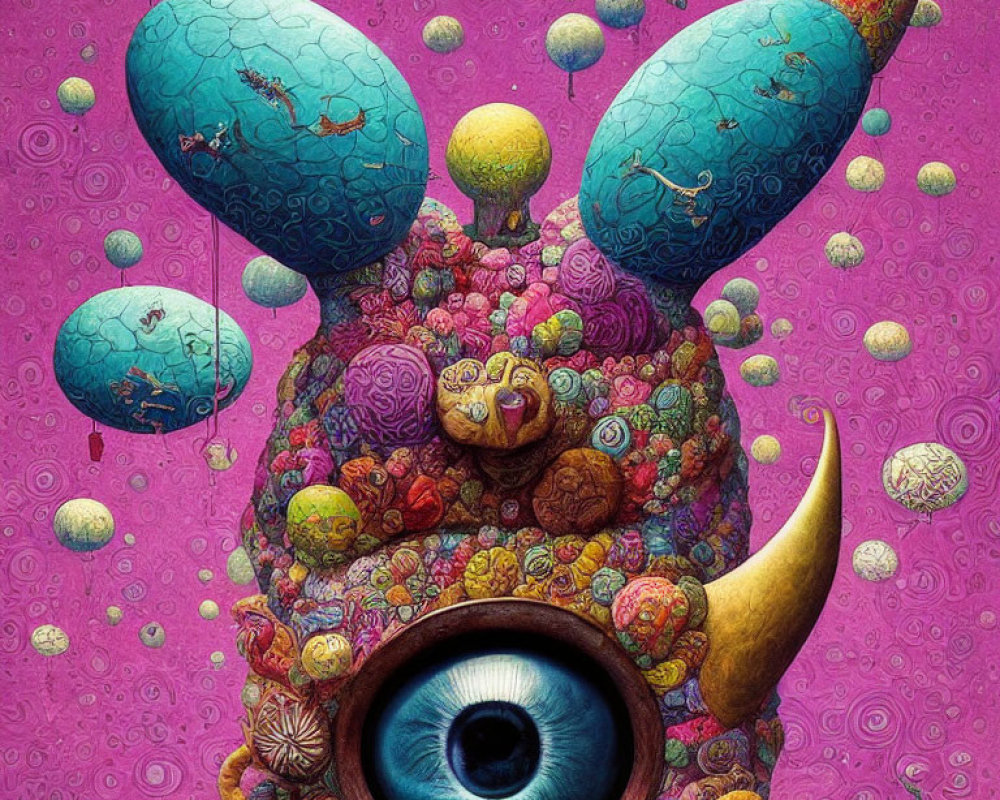 Colorful surreal illustration: Whimsical creature with central eye, tusk, floral body