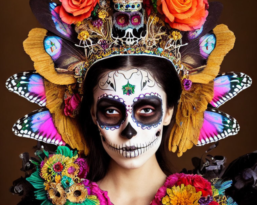 Skull Face Paint with Flower Headdress and Butterfly Wings