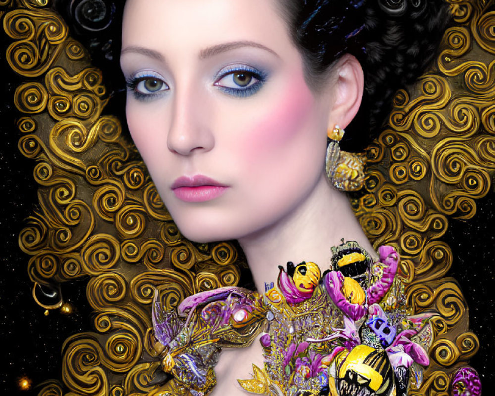 Elaborate golden crown and bee-themed jewelry on woman with celestial backdrop