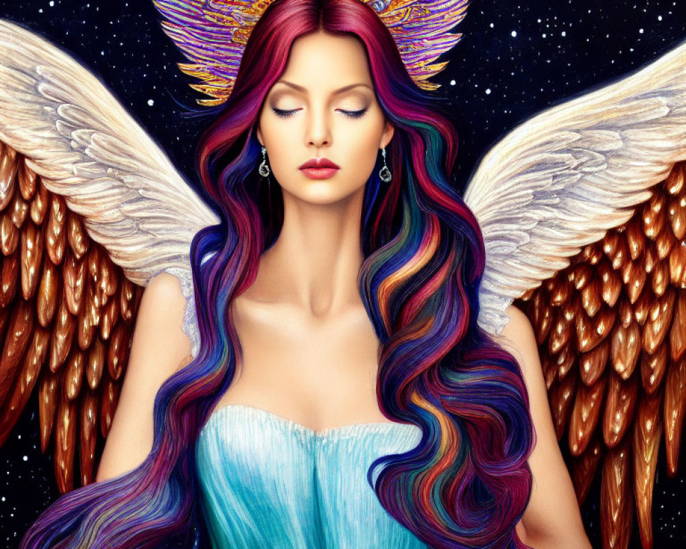 Multicolored Hair Female Figure with Butterfly and Angel Wings on Starry Night Background