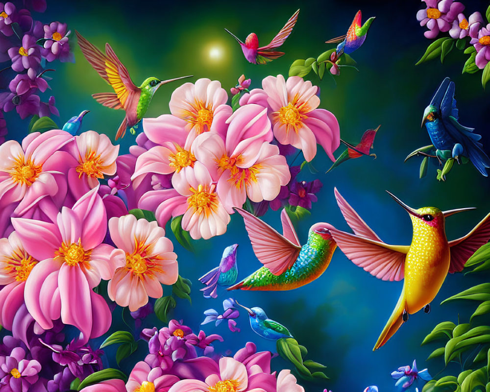 Colorful hummingbirds amidst pink and purple flowers under soft glowing light