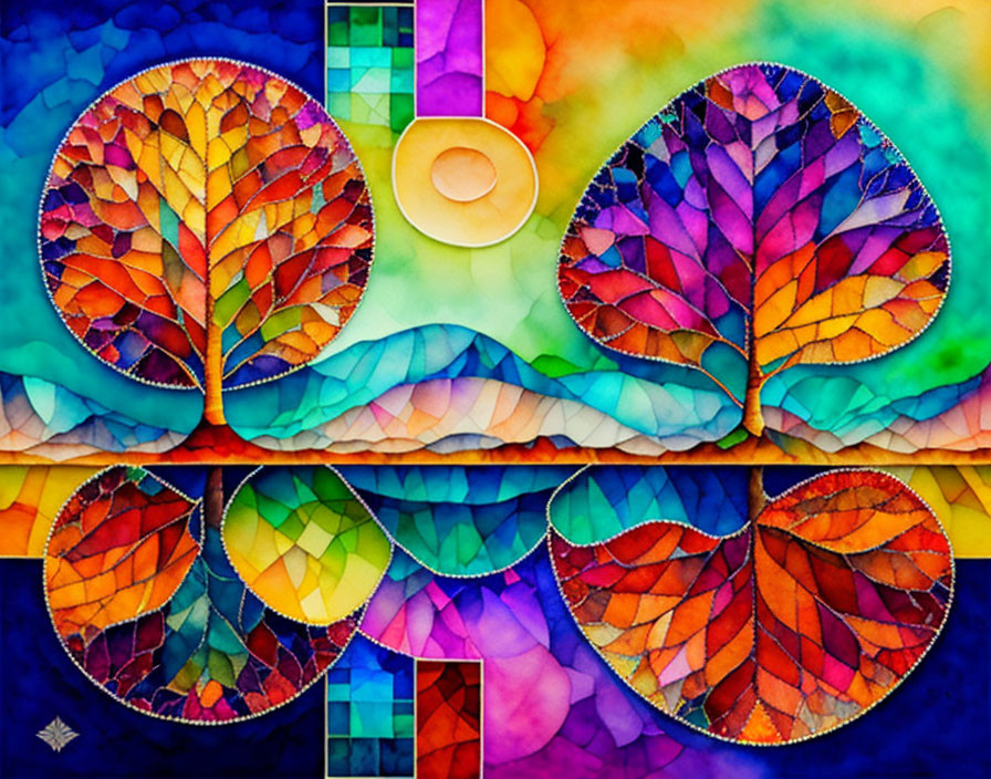 Colorful Stained-Glass Style Artwork with Trees & Geometric Patterns