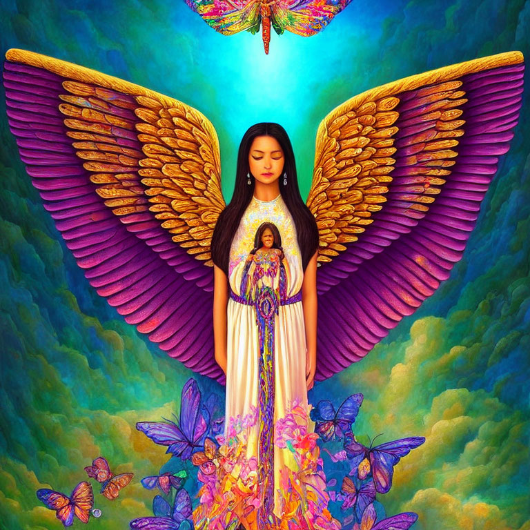 Illustration of serene woman in yellow dress with ornate wings and butterflies in celestial setting.