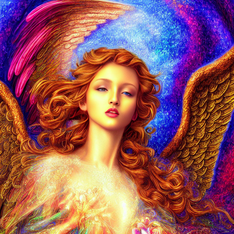 Vibrant digital art: Angelic figure with golden wings in cosmic setting