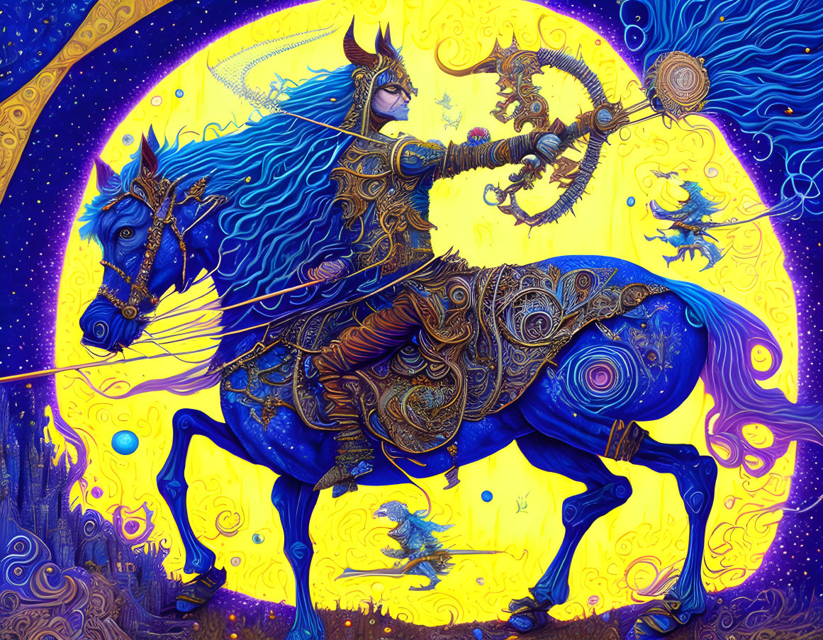 Mythical warrior on horse with blue and gold armor in celestial setting