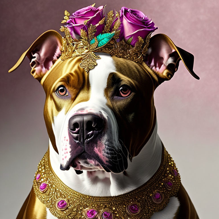 Regal Dog Wearing Golden Crown and Purple Rose Necklace