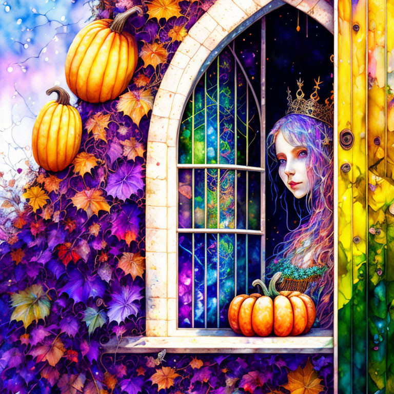 Colorful autumn-themed illustration of a woman with a crown at an arched window.