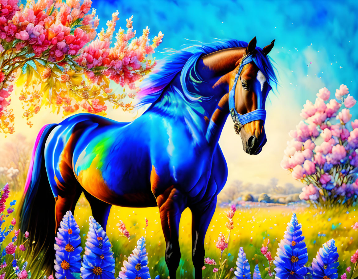 Colorful Horse in Surreal Floral Landscape with Blue and Purple Hues