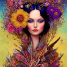 Colorful floral and bird-themed digital portrait of a woman's face