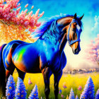 Colorful Horse in Surreal Floral Landscape with Blue and Purple Hues