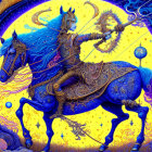 Mythical warrior on horse with blue and gold armor in celestial setting