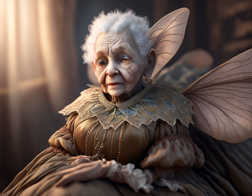 Elderly fairy with white hair and translucent wings in warm light