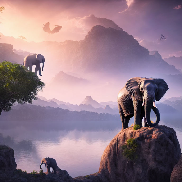 Elephants and bird at serene lake with mountains in twilight