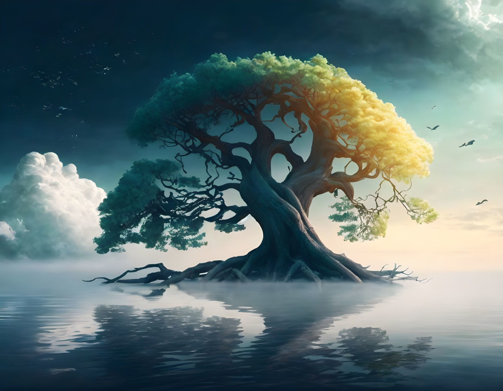 Mystical tree with split green and yellow canopy in tranquil waters