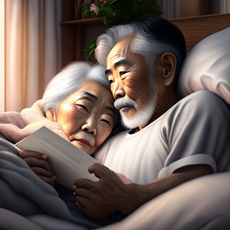 Elderly couple peacefully lying in bed together reading and resting