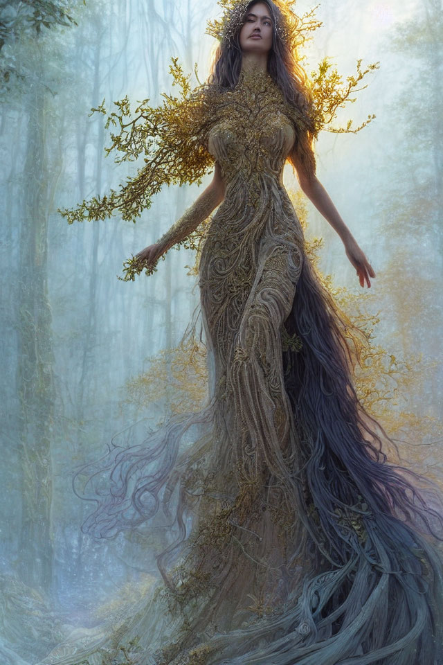 Woman in Tree Branch Gown Stands in Misty Forest