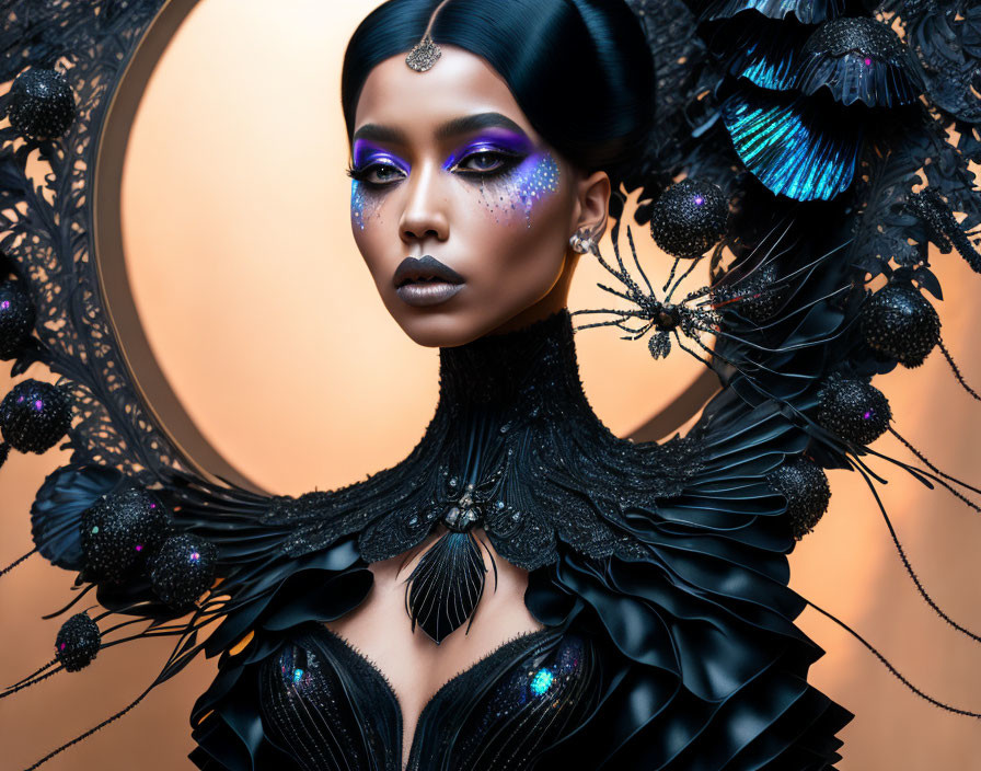 Avant-garde makeup and black outfit with iridescent accents on warm backdrop