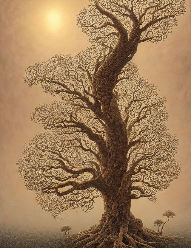 Detailed Lace-Like Tree Against Sepia Background