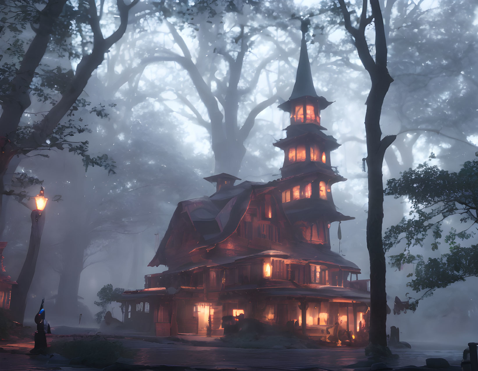 Enchanting multi-tiered house in foggy forest with glowing windows