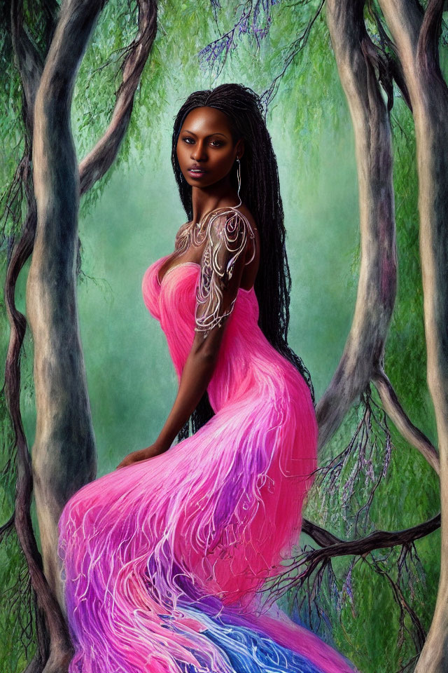 Woman in Pink Gown Surrounded by Twisted Trees