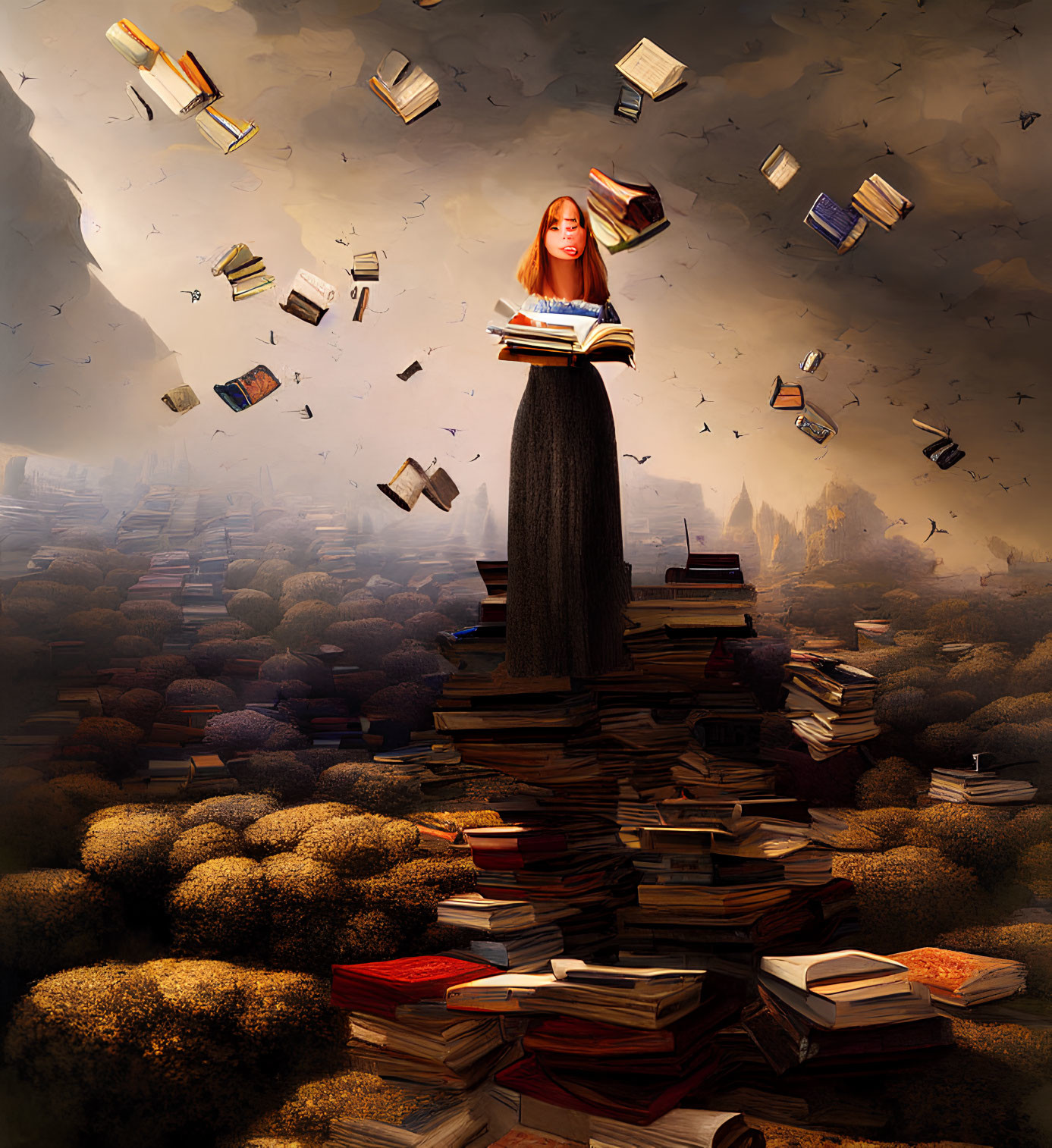 Red-haired woman reading on books stack in mystical forest landscape