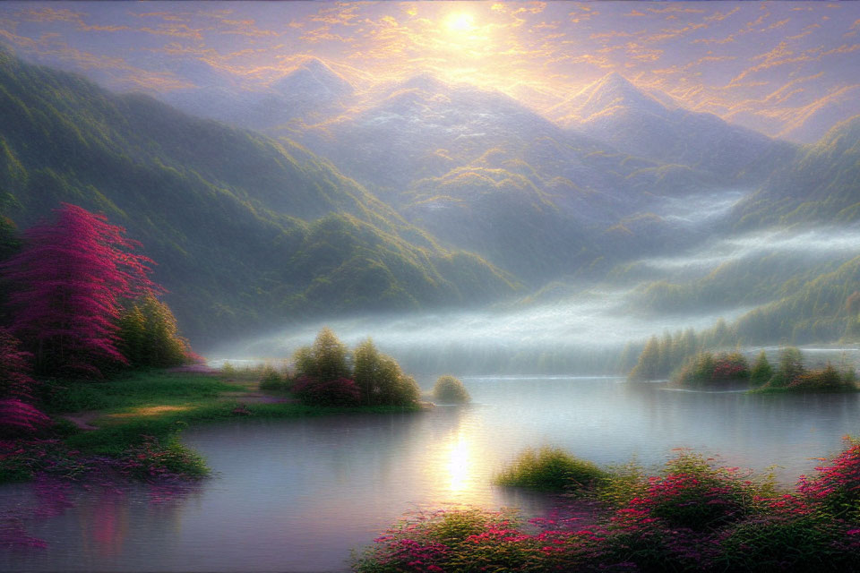 Scenic mountain landscape with sunlit lake and pink foliage