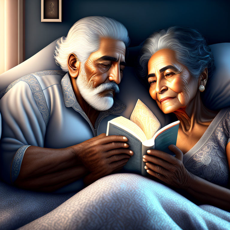 Elderly couple in bed, man reading book, woman smiling warmly