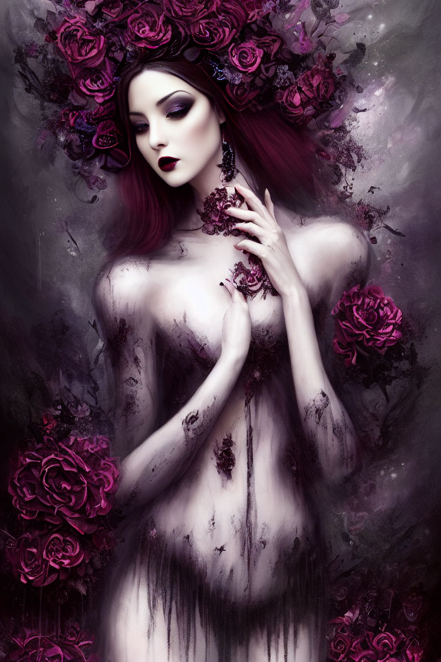 Pale woman with purple lips and eyeshadow, wearing a crown of dark roses among blooming flowers