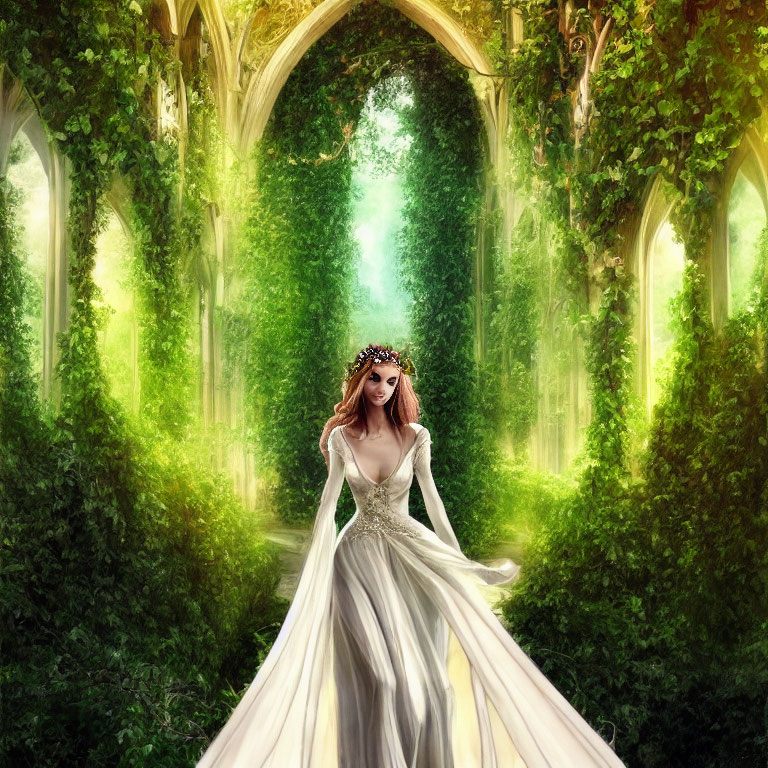 Woman in white dress and crown in mystical forest with sunlight filtering through greenery