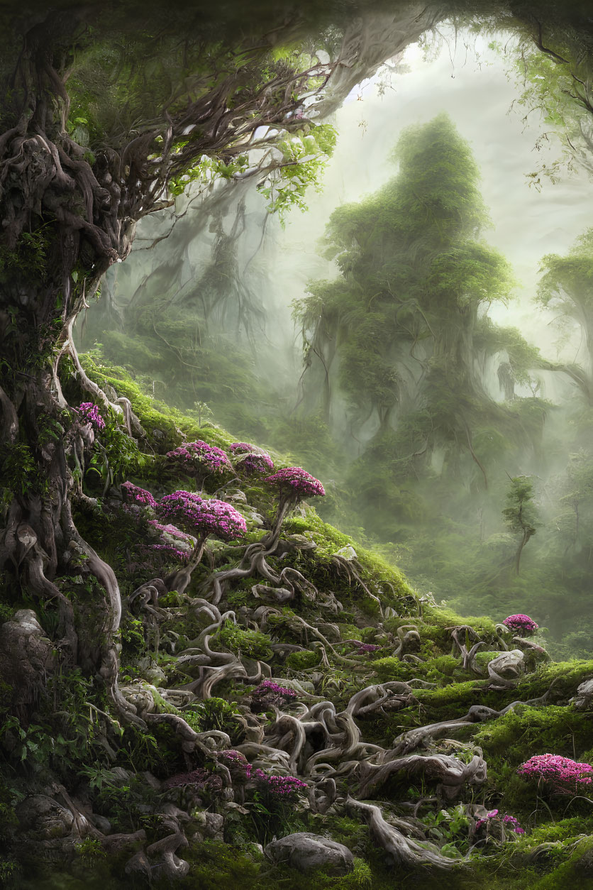 Twisted trees and pink flowers in mystical forest scene