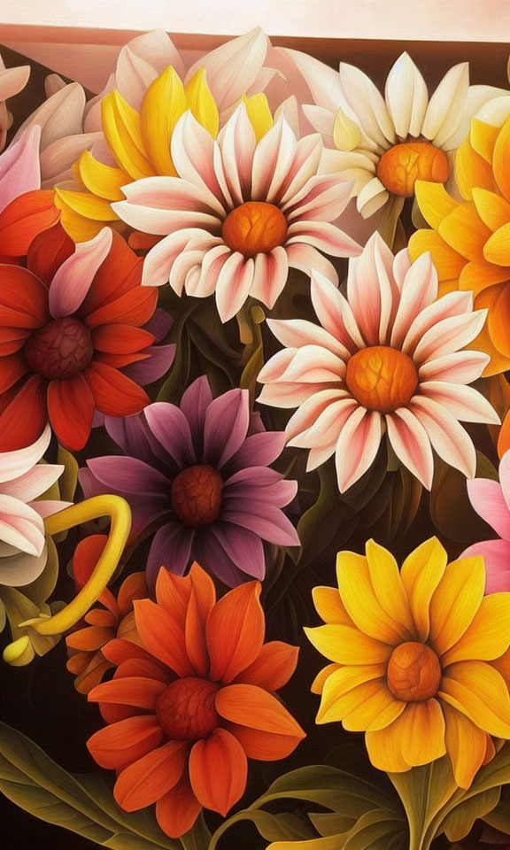 Vibrant floral artwork featuring daisies in yellow, orange, red, and purple on soft