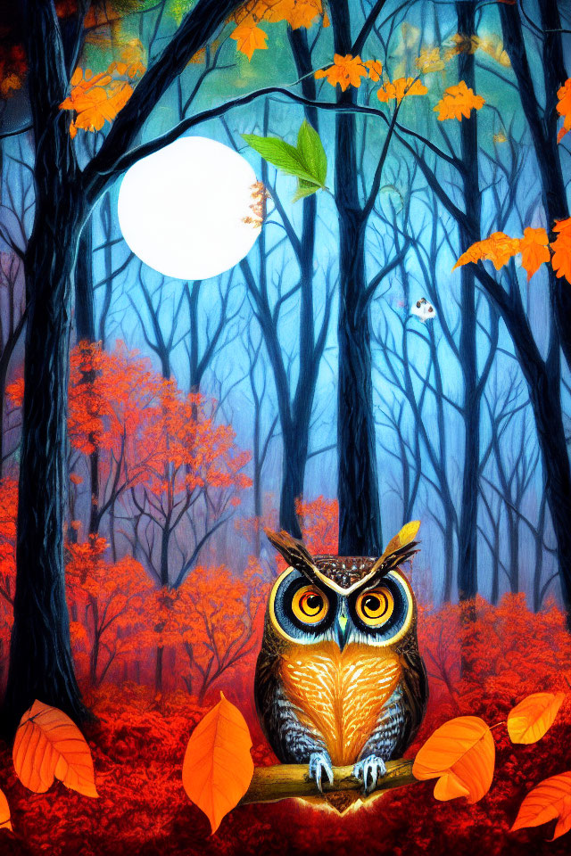 Detailed artwork: Owl on branch in enchanted forest under full moon