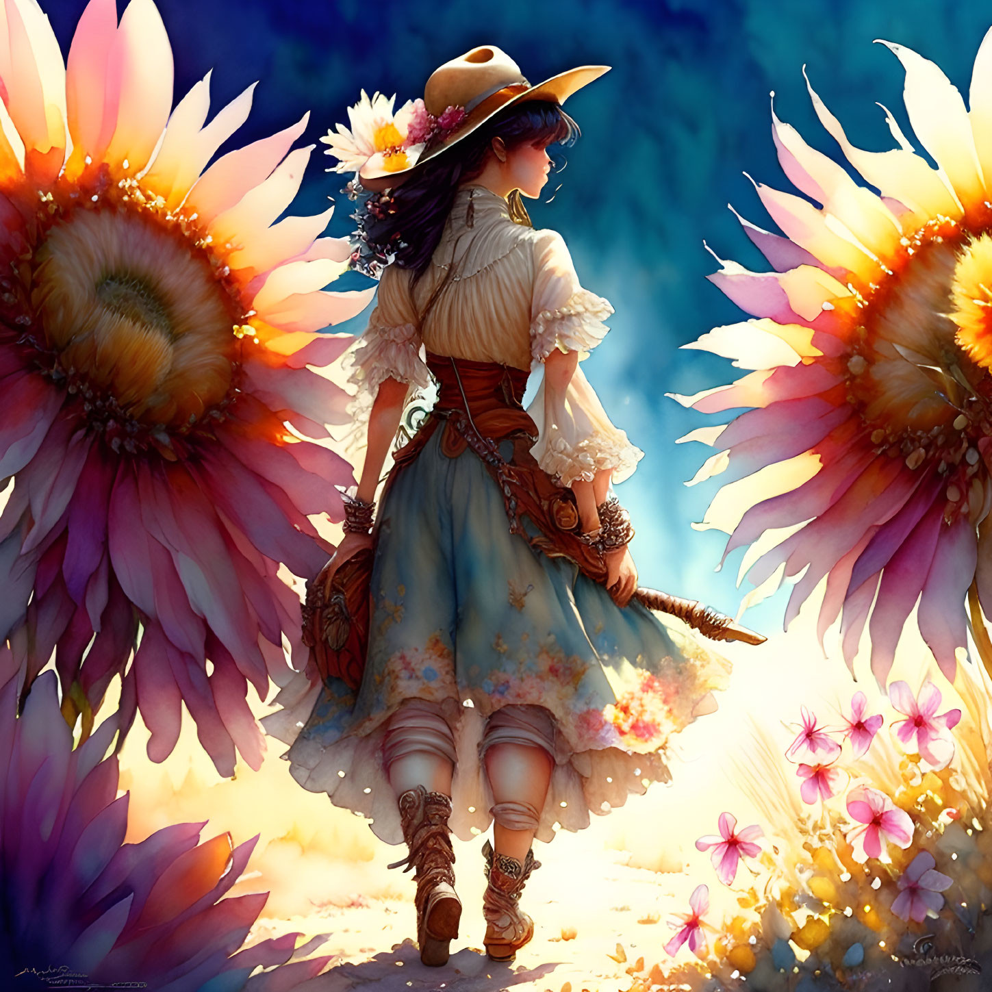 Vintage-clad woman surrounded by vibrant flowers in warm light