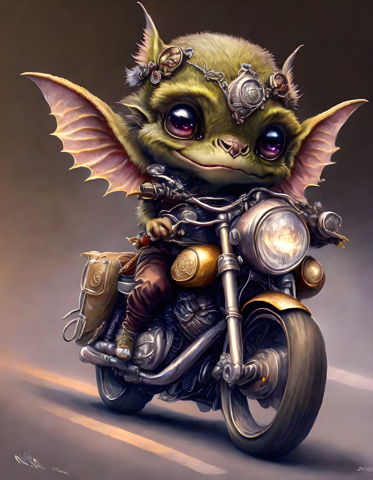 Anthropomorphic bat in steampunk gear rides miniature motorcycle