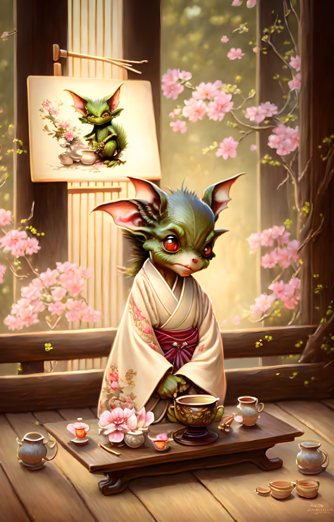 Anthropomorphic creature in kimono prepares tea by window with blooming tree and self-portrait.