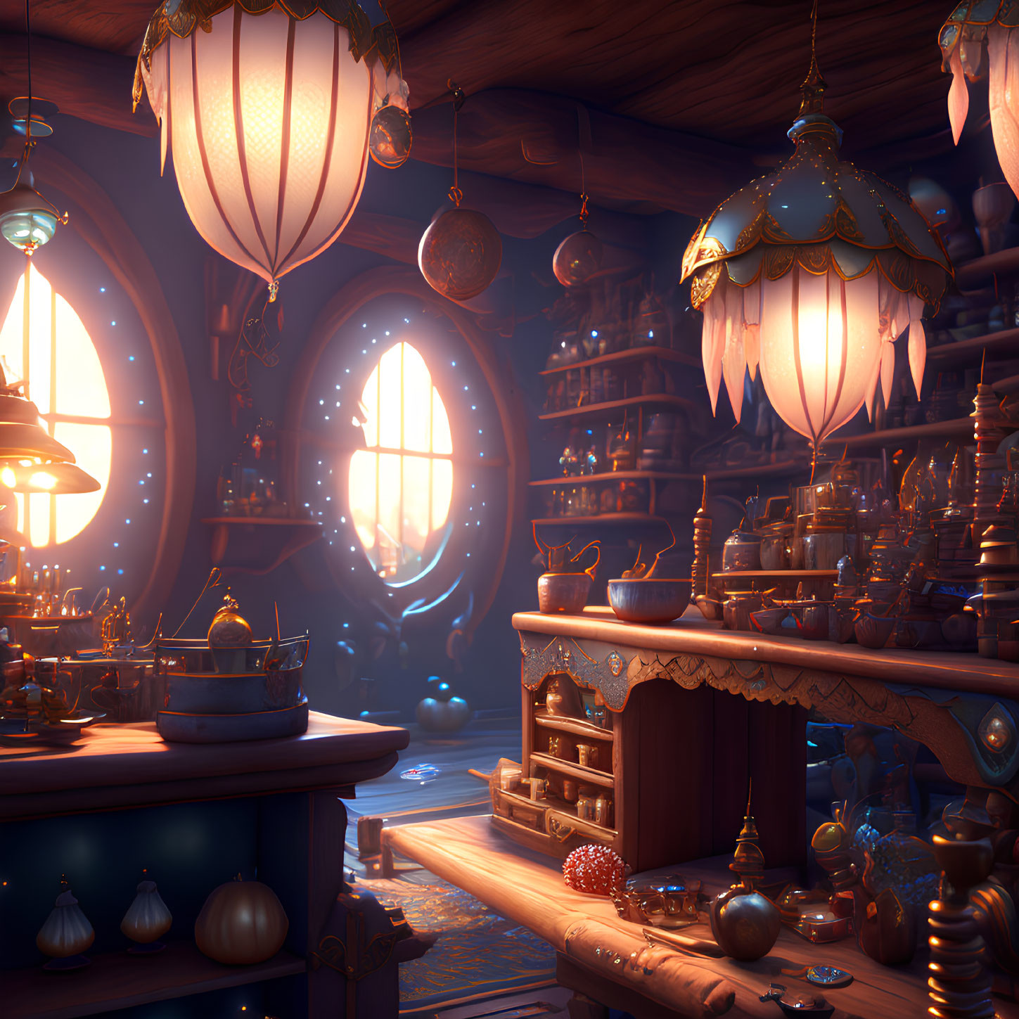 Dimly Lit Fantasy Potion Shop with Glowing Lanterns & Magical Atmosphere