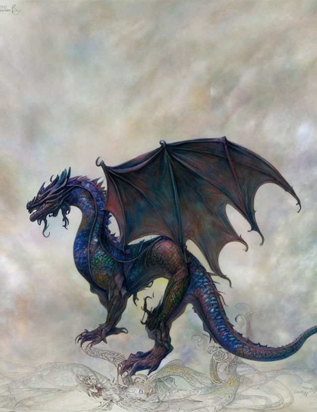 Iridescent blue-green dragon with black wings and horned head on cloudy background