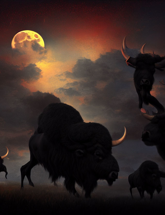 Bison herd under full moon and red clouds