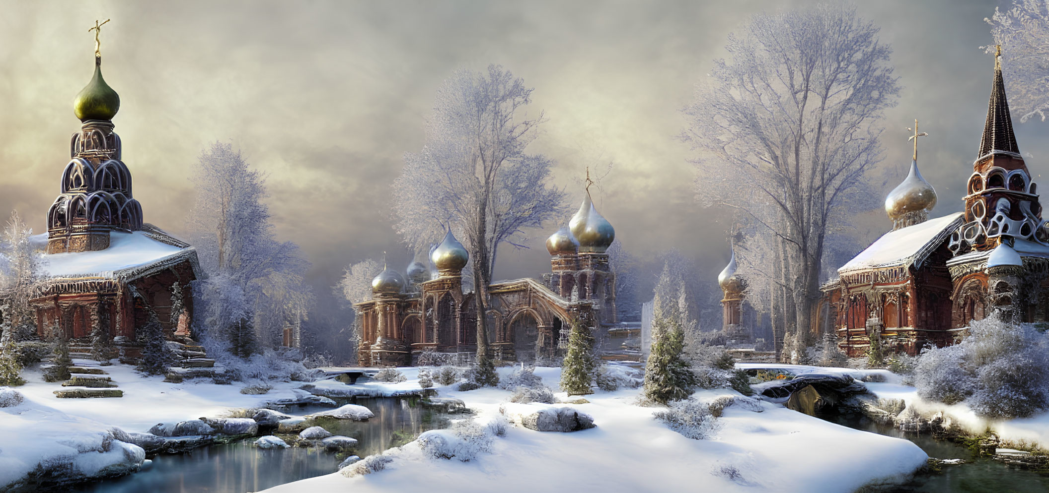 Traditional Russian church in serene winter scene with snow-covered trees and frozen creek