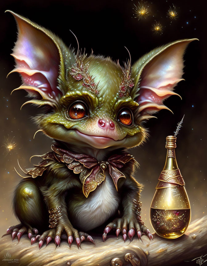 Whimsical bat-eared creature with sparkling eyes beside jeweled lamp on starry background