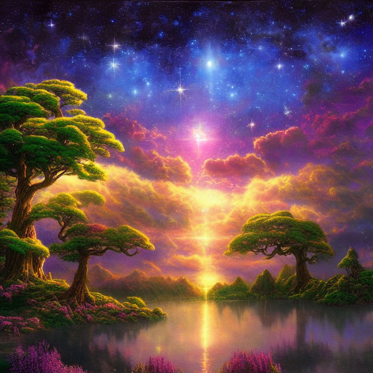 Fantasy landscape with starry night sky, celestial bodies, trees, lake, and purple flora