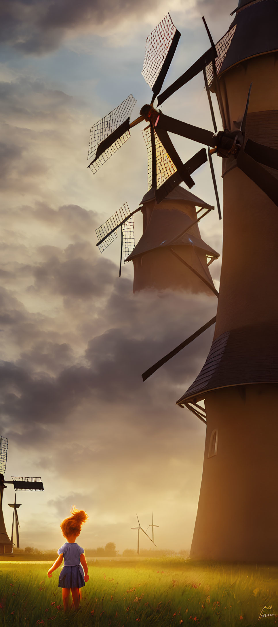 Red-haired child in blue dress admires windmills at sunset