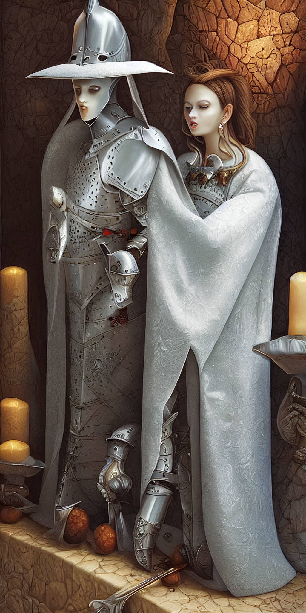 Knight and woman in ornate armor with white cape by candlelit wall