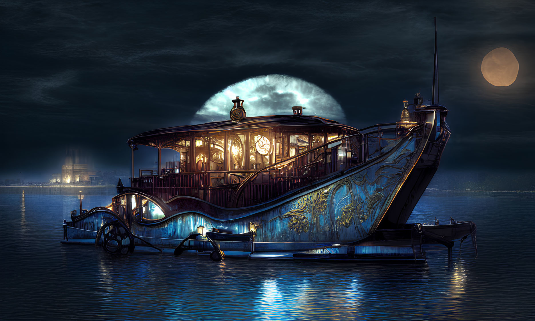 Vintage steampunk boat at night with full moon and second ship