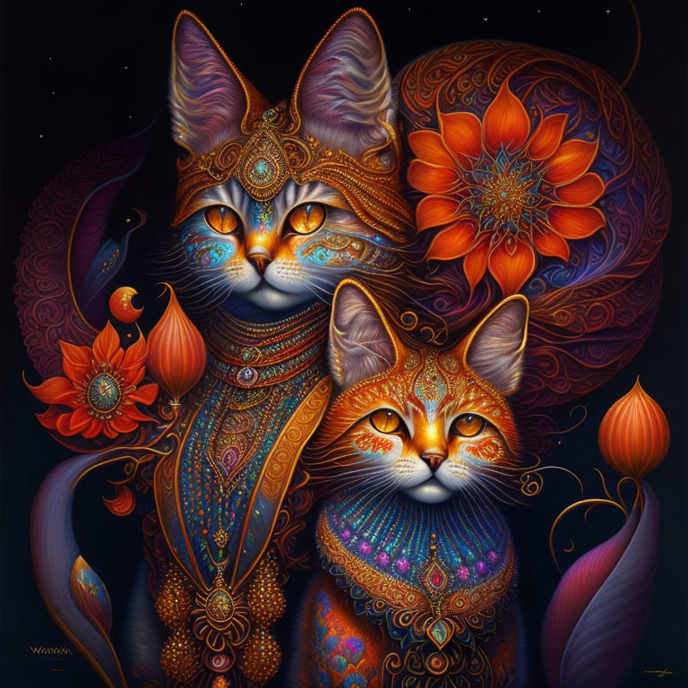 Colorful Artwork: Two Cats with Floral Patterns on Dark Background