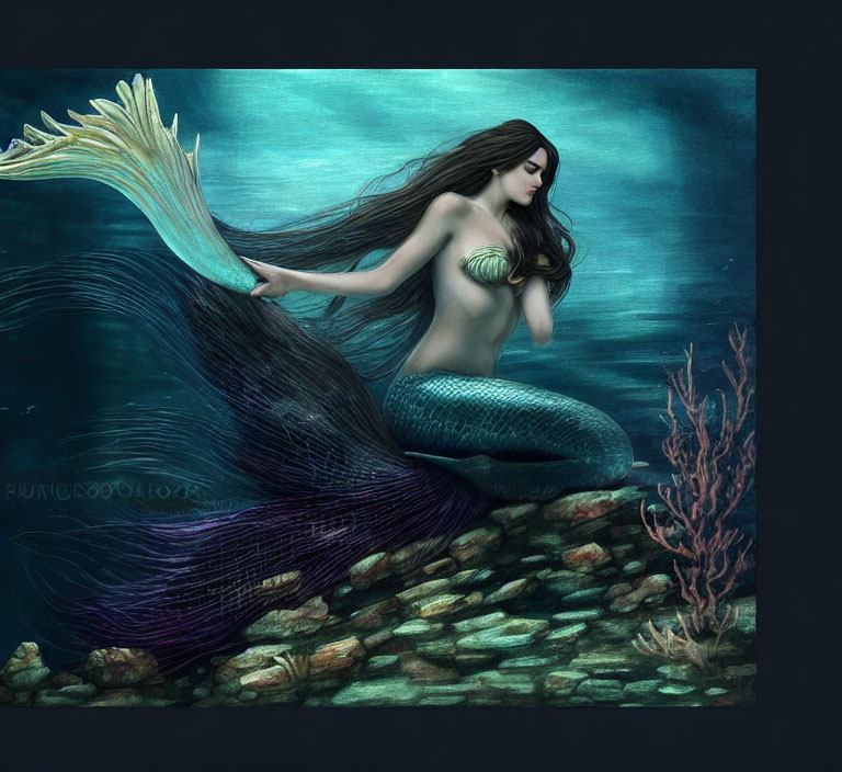 Teal-tailed mermaid with flowing hair in serene underwater scene