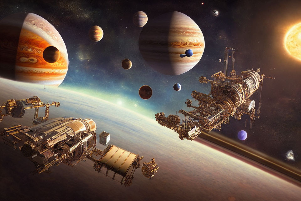 Detailed Spaceships and Colorful Planets in a Fantastical Space Scene