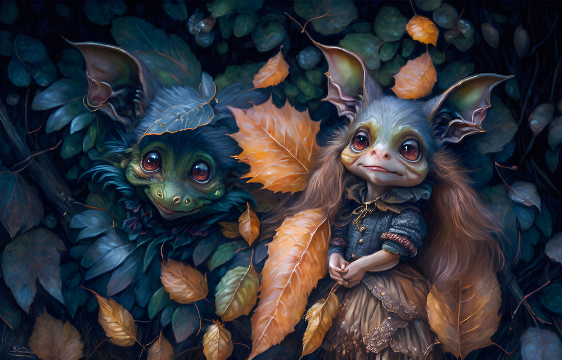 Fantasy creatures with large eyes and bat-like wings in colorful autumn leaves