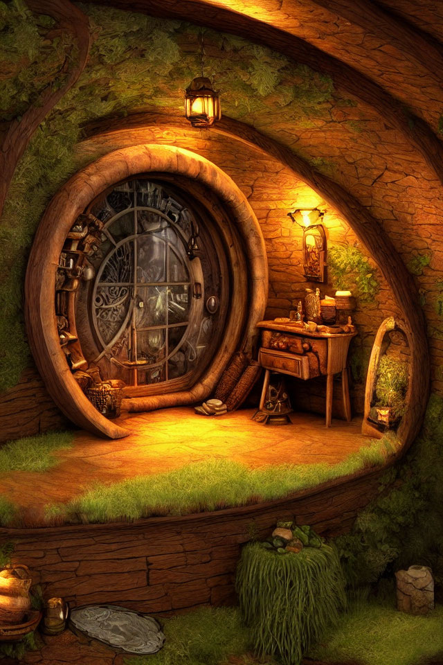 Fantasy-style hobbit hole with rounded wooden door and lantern lighting nestled in lush hillside