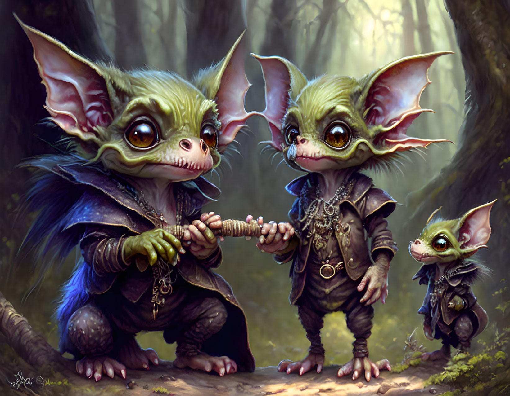 Fantasy creatures with oversized ears playing tug of war in forest